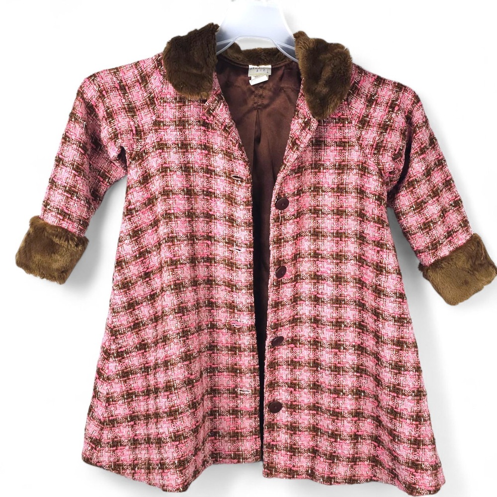 Studio Bini Vintage Girls 4T Pink Tweed Faux Fur Coat Jacket Brown USA